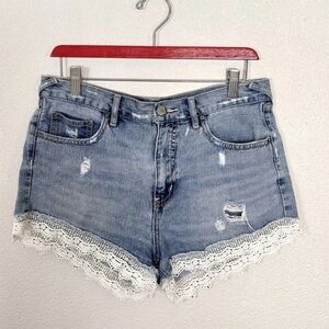 Free People Light Blue Lace Hem Jean Shorts